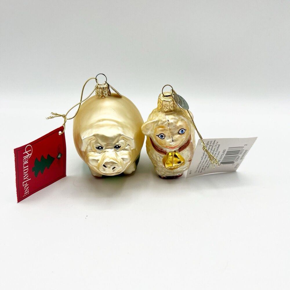 Macys Holiday Lane Glass Blown Christmas Ornament Farm Animals Lamb Pig Lot READ